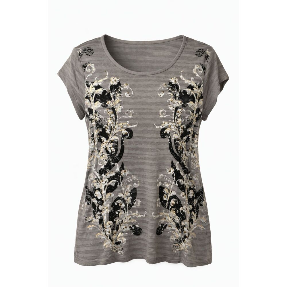 Rock & Republic Graphic Tee Size L Gray Burnout Floral Studded Short Sleeve Top